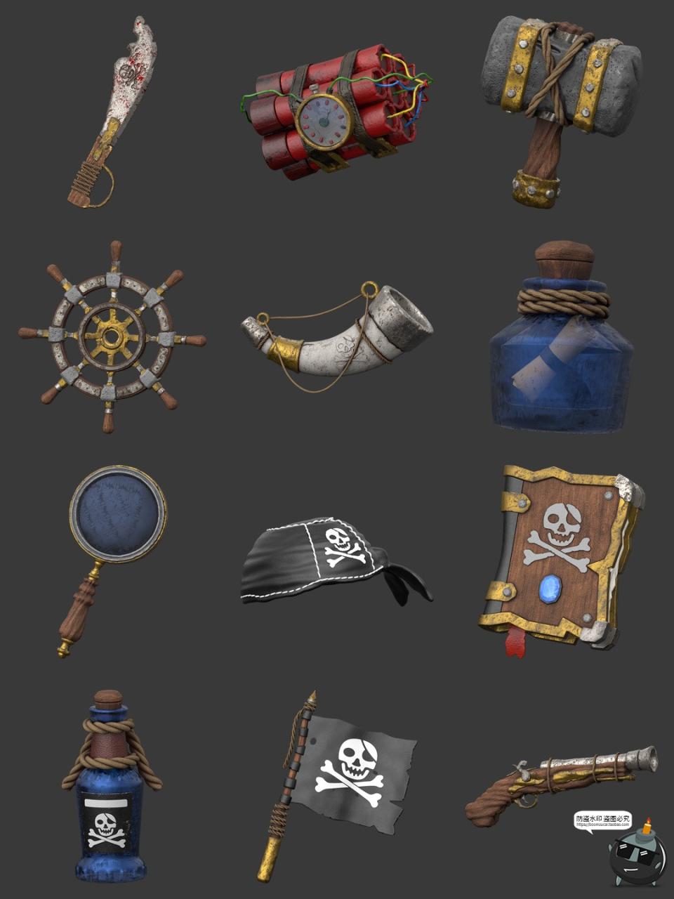 图片[3]-卡通海盗骷髅强盗复古主题元素插图3D图标PNG免抠obj格式icon素材-设计猿