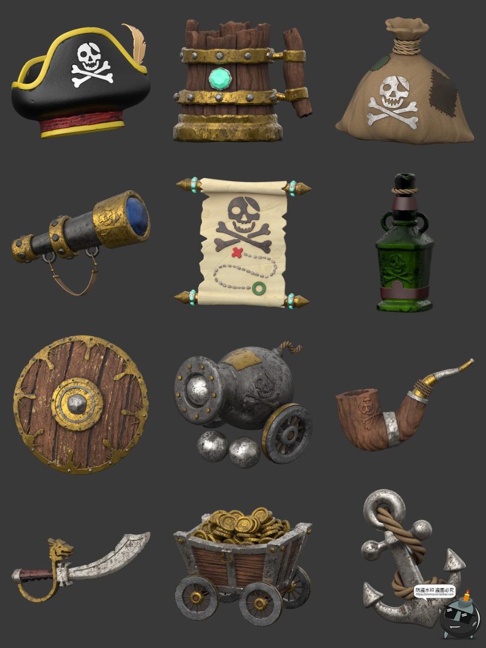 图片[4]-卡通海盗骷髅强盗复古主题元素插图3D图标PNG免抠obj格式icon素材-设计猿