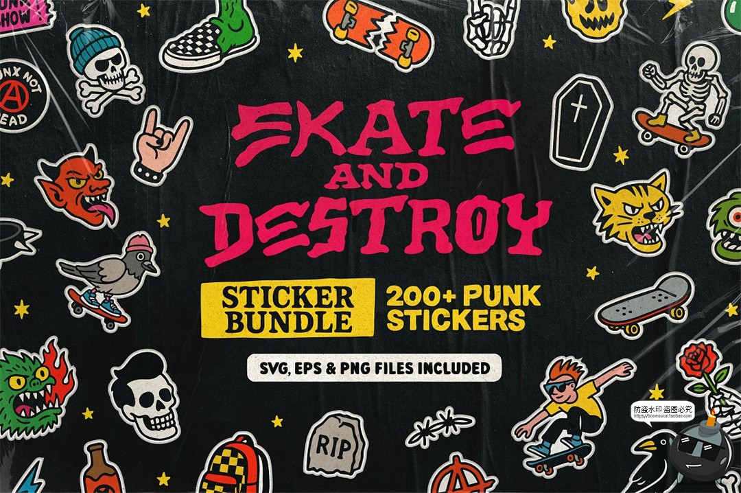 图片[1]-卡通潮流牌复古街头滑板摇滚朋克手绘贴纸插图插画AI矢量PNG素材-设计猿