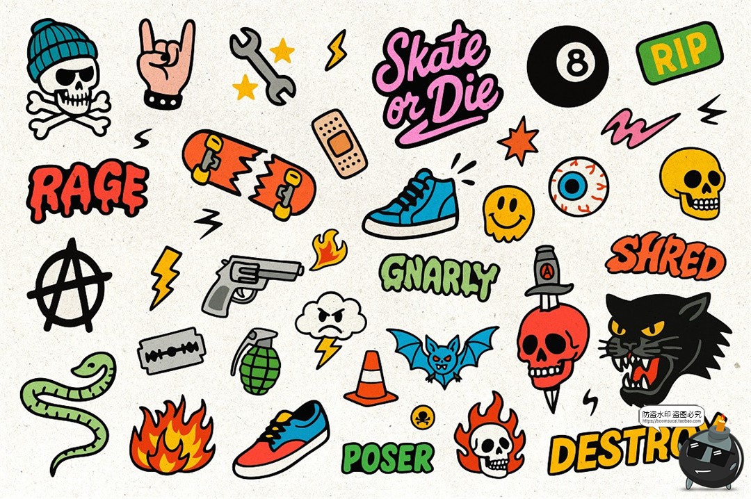 图片[2]-卡通潮流牌复古街头滑板摇滚朋克手绘贴纸插图插画AI矢量PNG素材-设计猿