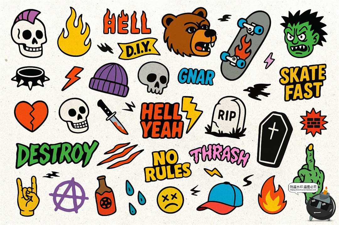图片[3]-卡通潮流牌复古街头滑板摇滚朋克手绘贴纸插图插画AI矢量PNG素材-设计猿