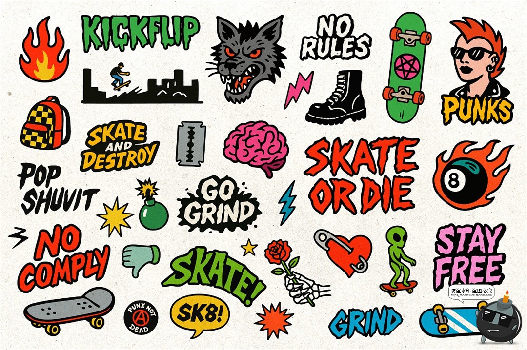 图片[4]-卡通潮流牌复古街头滑板摇滚朋克手绘贴纸插图插画AI矢量PNG素材-设计猿