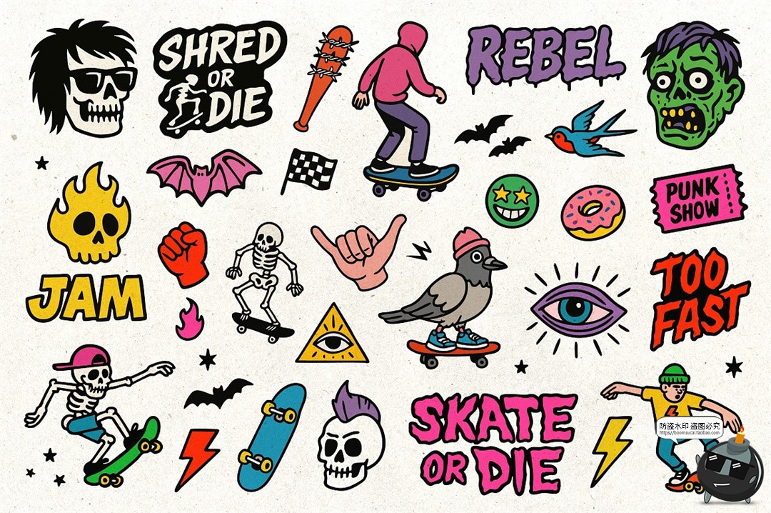 图片[5]-卡通潮流牌复古街头滑板摇滚朋克手绘贴纸插图插画AI矢量PNG素材-设计猿