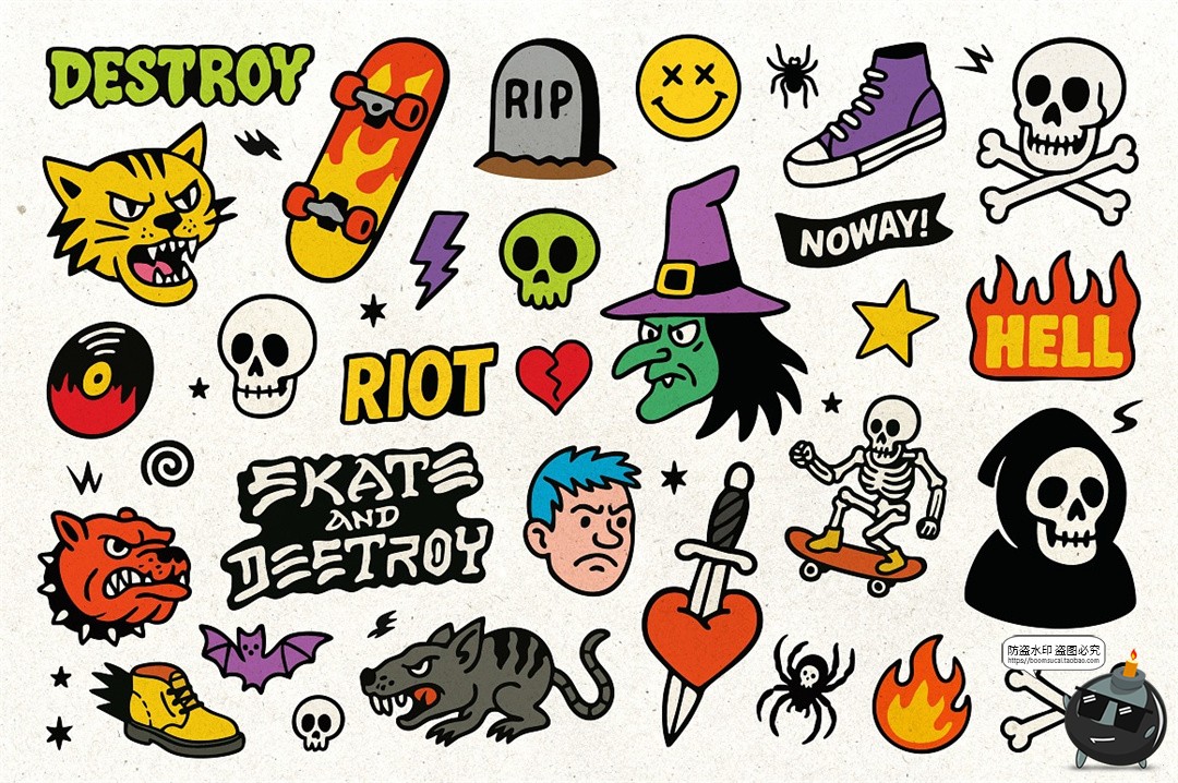图片[6]-卡通潮流牌复古街头滑板摇滚朋克手绘贴纸插图插画AI矢量PNG素材-设计猿