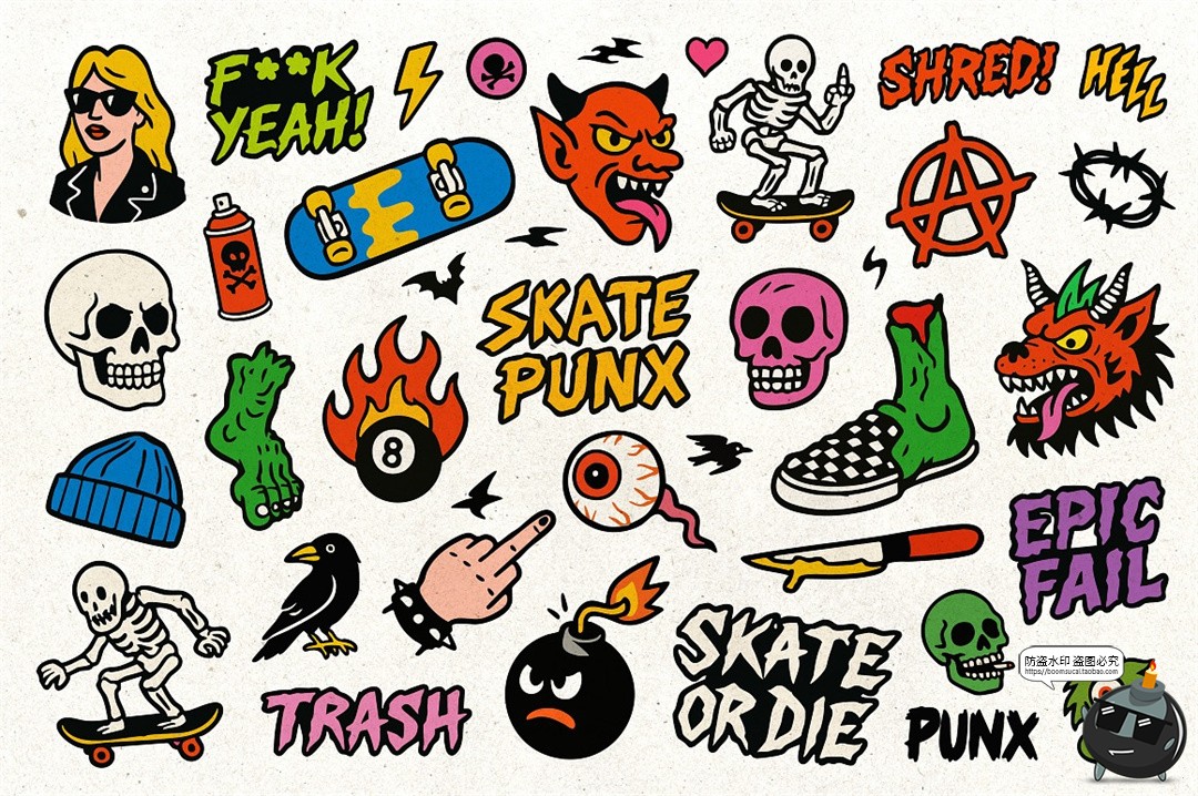 图片[7]-卡通潮流牌复古街头滑板摇滚朋克手绘贴纸插图插画AI矢量PNG素材-设计猿