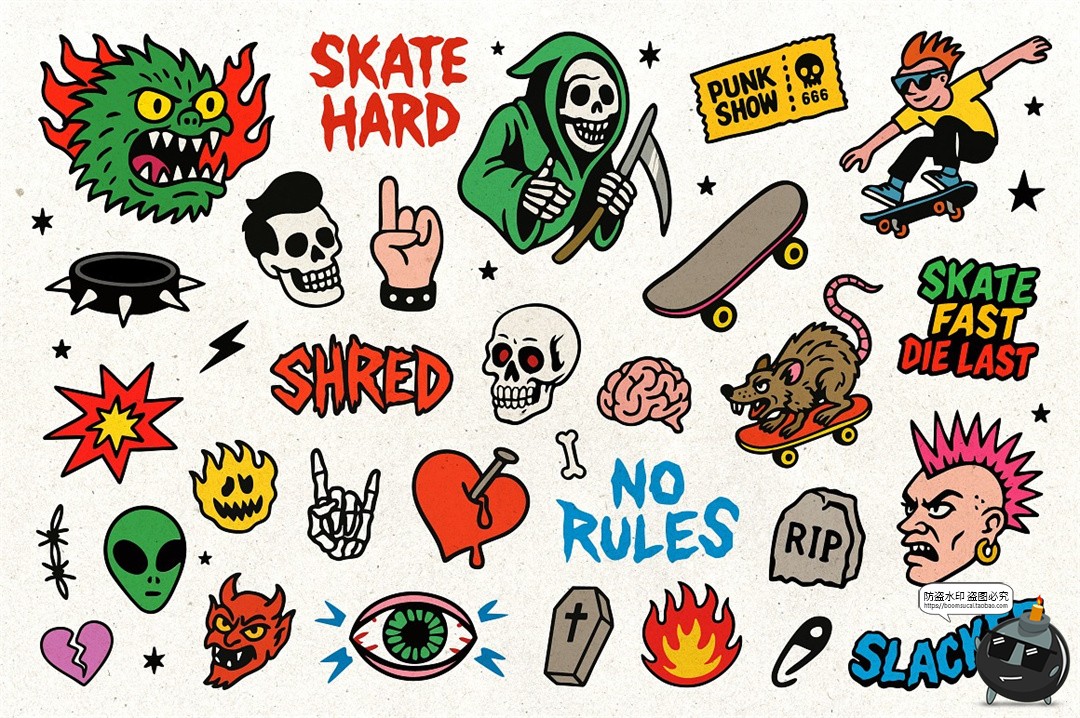 图片[8]-卡通潮流牌复古街头滑板摇滚朋克手绘贴纸插图插画AI矢量PNG素材-设计猿