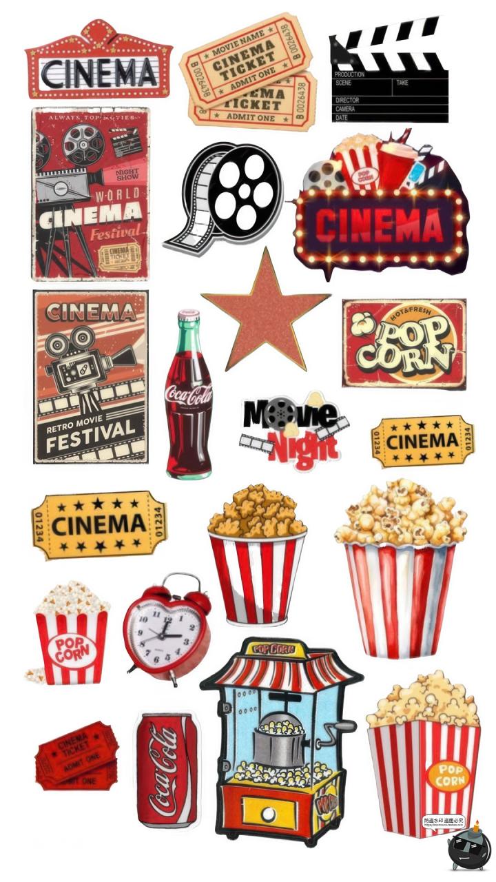 复古影院文化爆米花胶卷放映机手帐拼贴剪纸PNG免抠图美工素材图-设计猿