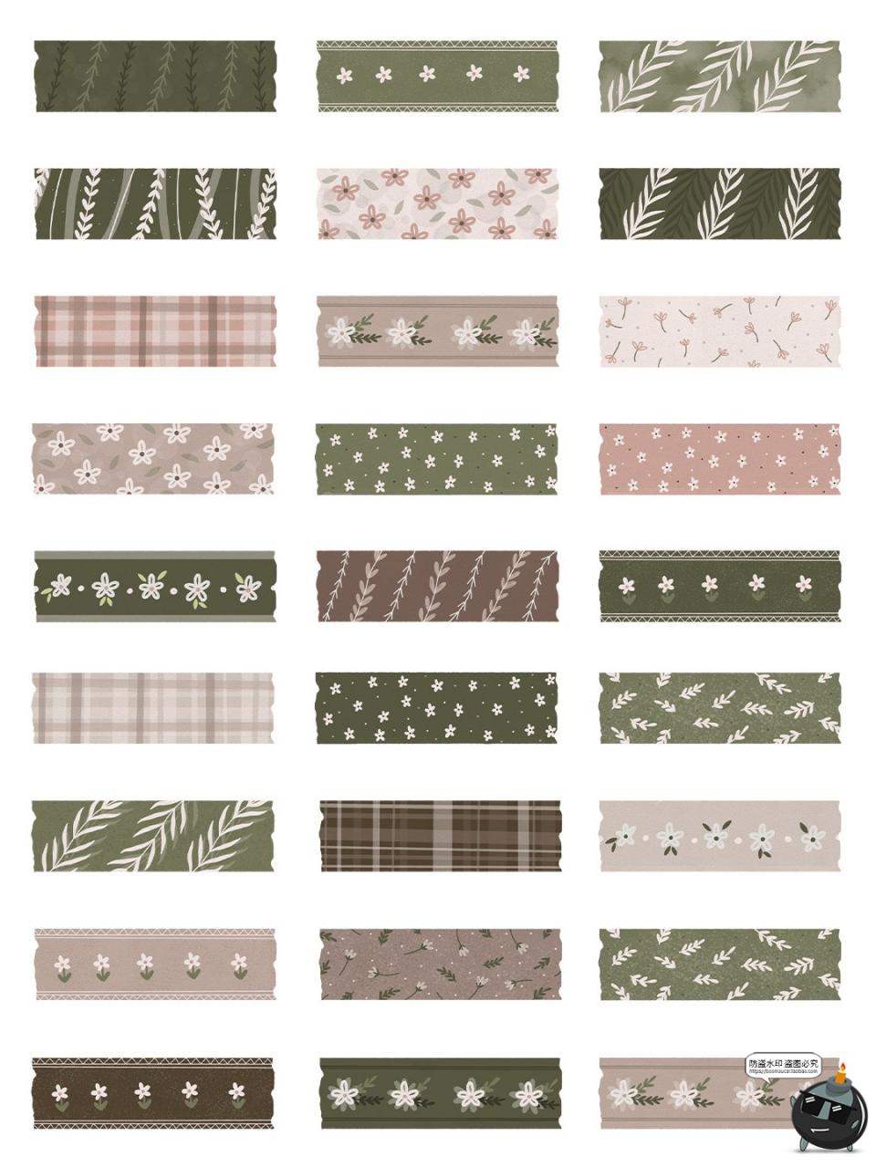 森系复古绿棕色花纹手帐胶带装饰饭圈美工AI矢量PNG免抠图素材-设计猿