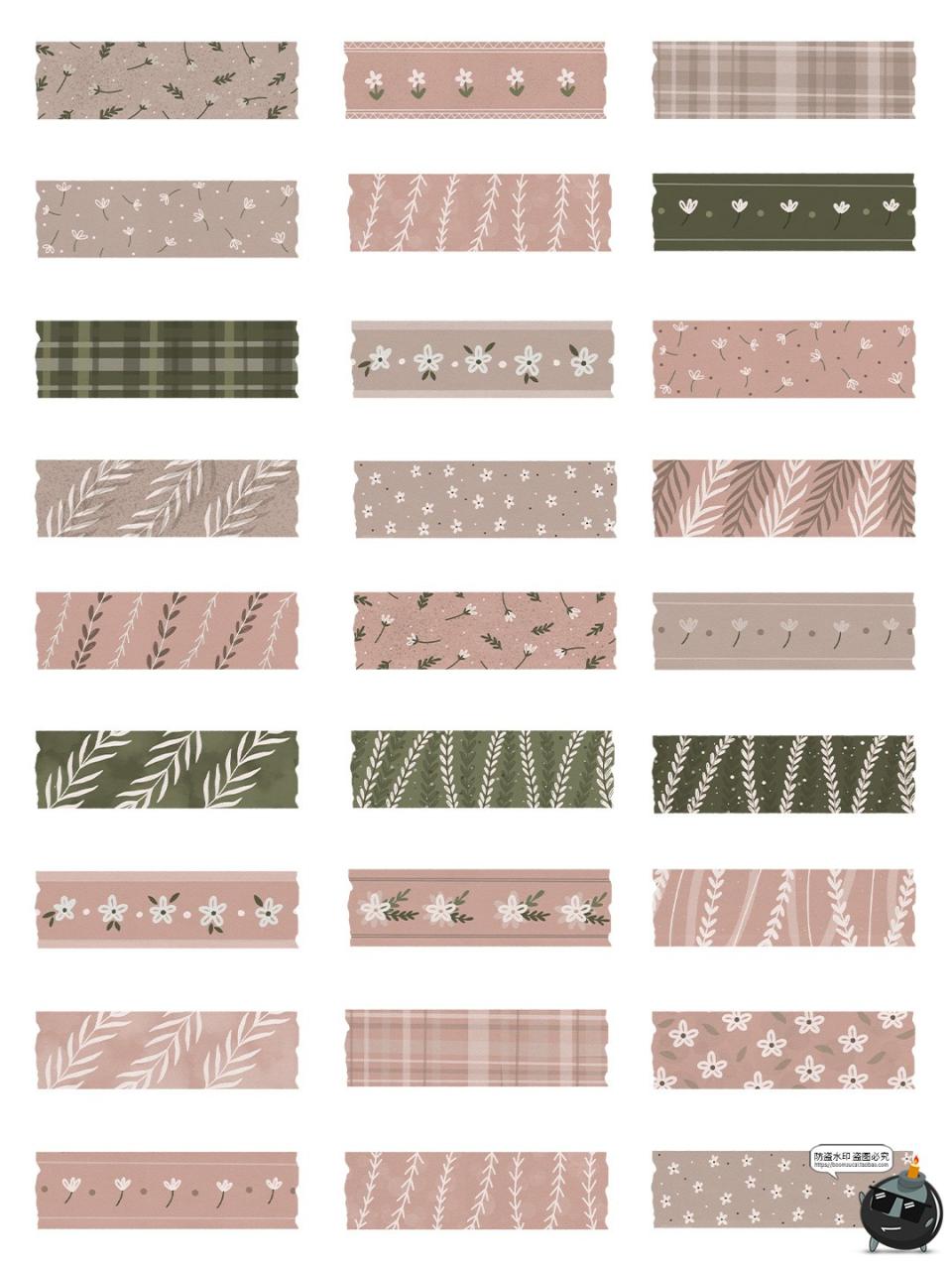 图片[2]-森系复古绿棕色花纹手帐胶带装饰饭圈美工AI矢量PNG免抠图素材-设计猿