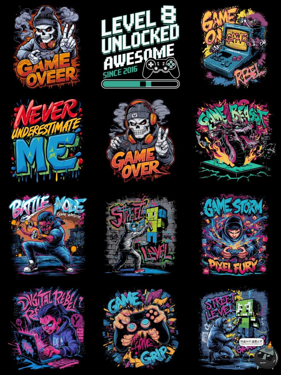 图片[3]-复古涂鸦怀旧游戏街机手柄插图插画印花烫画PNG图案AI矢量素材-设计猿