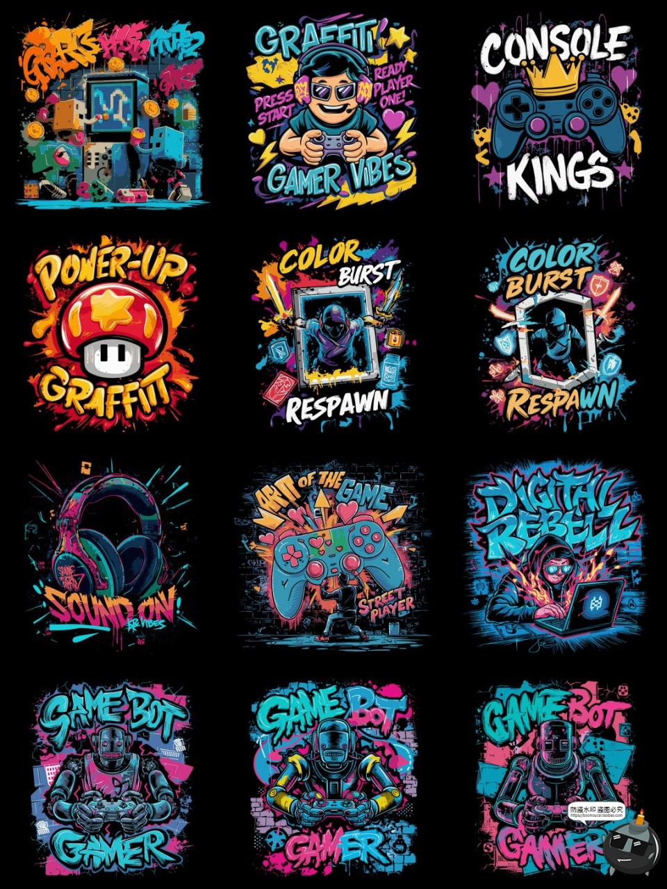 图片[6]-复古涂鸦怀旧游戏街机手柄插图插画印花烫画PNG图案AI矢量素材-设计猿