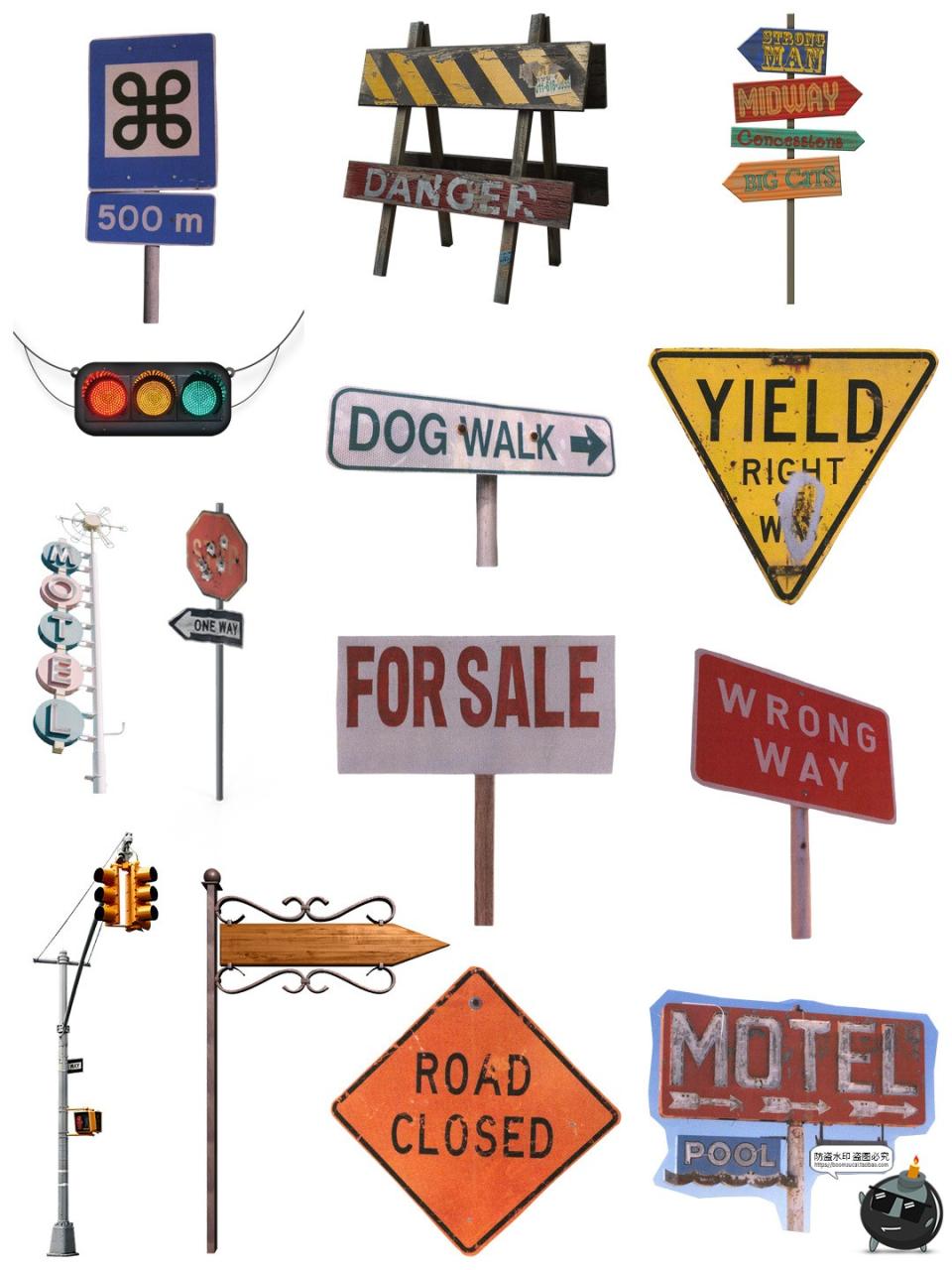 美式复古做旧路标指示牌红绿灯电子手帐海报装饰美工PNG免扣素材-设计猿