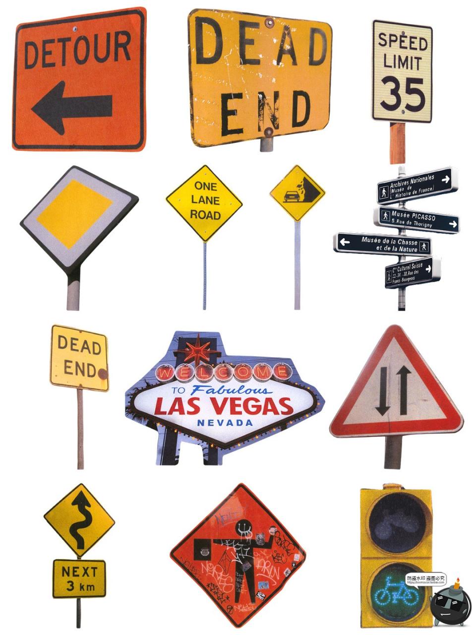 图片[2]-美式复古做旧路标指示牌红绿灯电子手帐海报装饰美工PNG免扣素材-设计猿