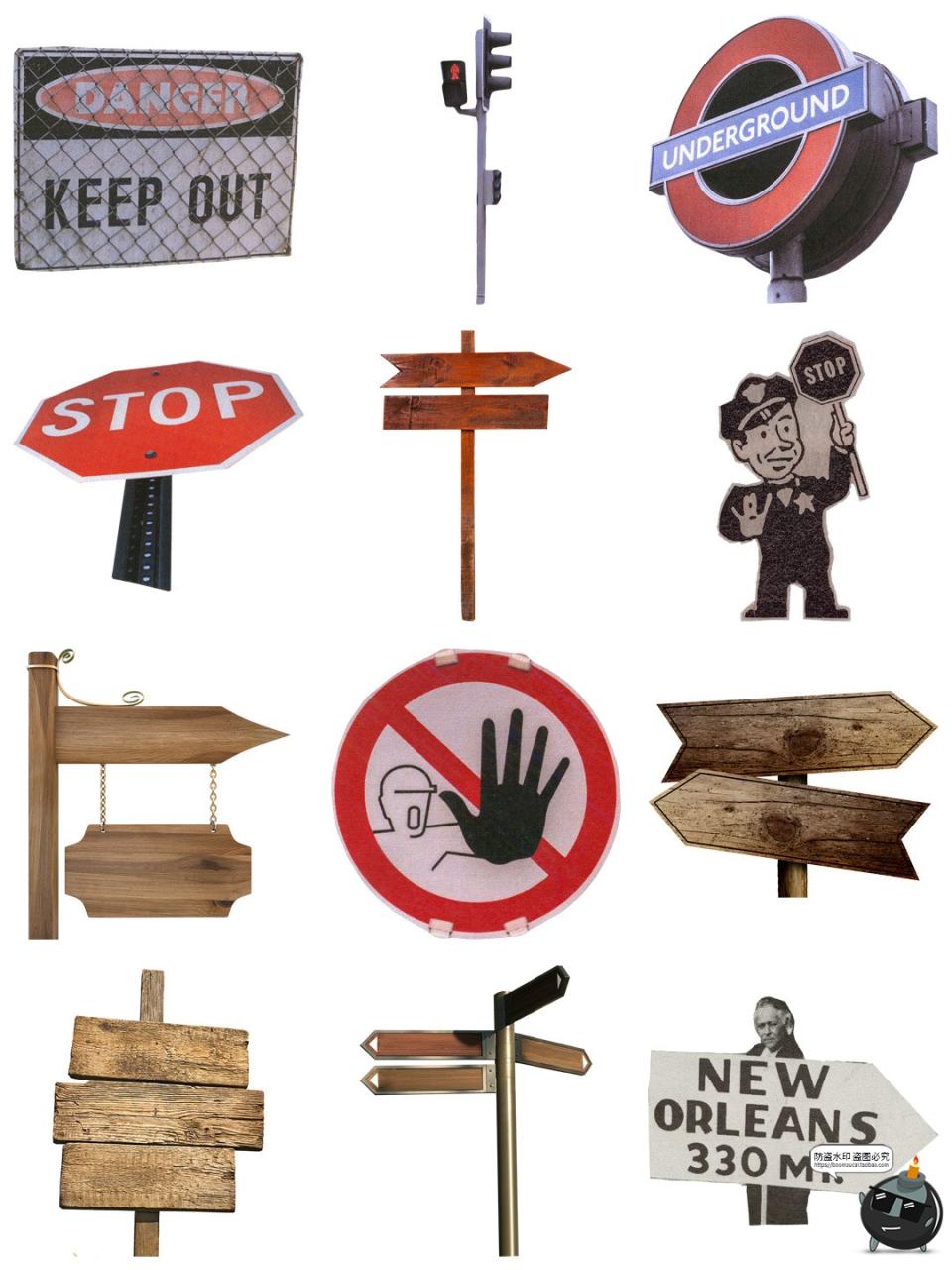 图片[3]-美式复古做旧路标指示牌红绿灯电子手帐海报装饰美工PNG免扣素材-设计猿