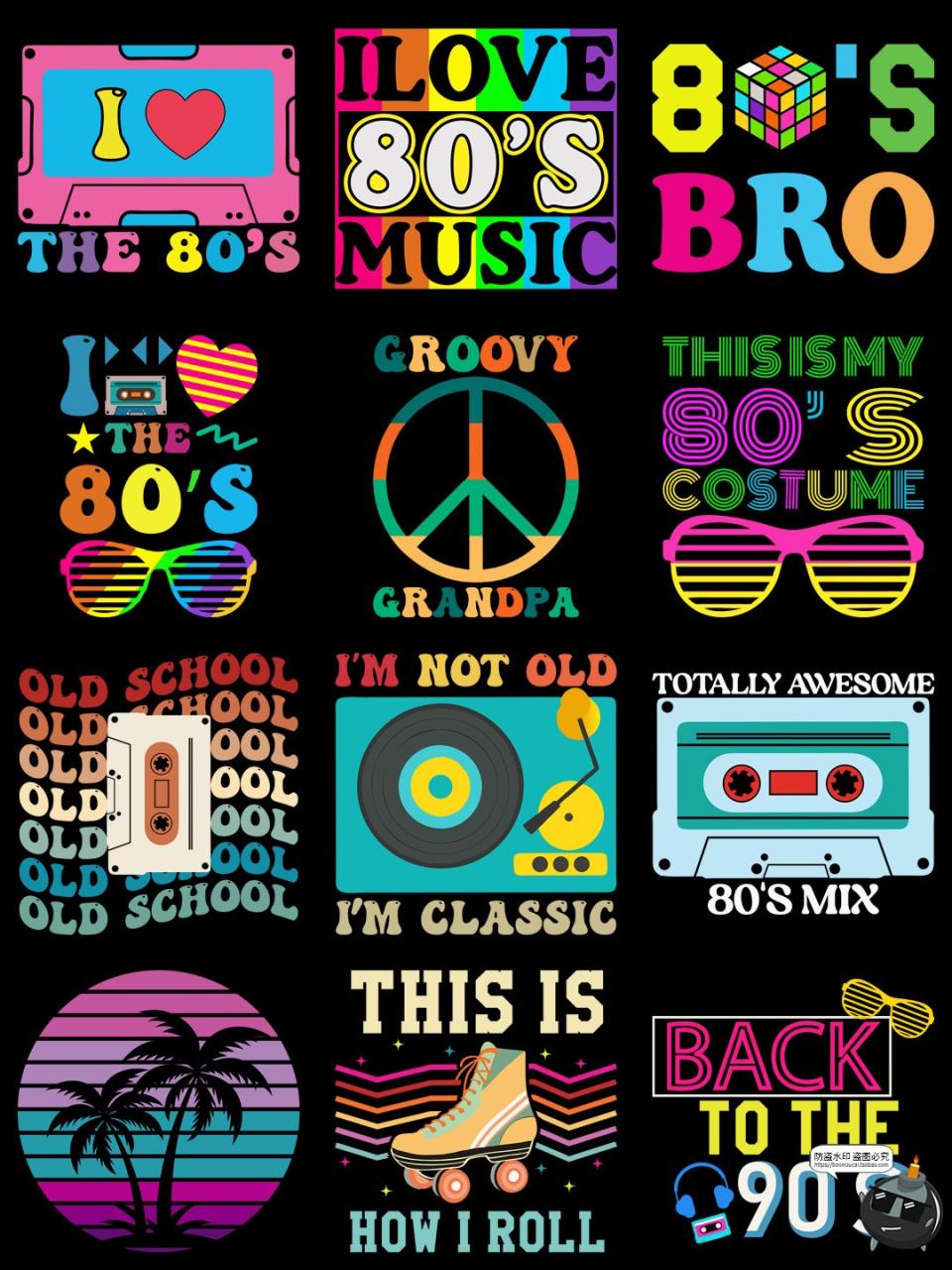 美式复古怀旧风80年代流行元素T恤印花烫画PNG图案AI矢量图素材-设计猿