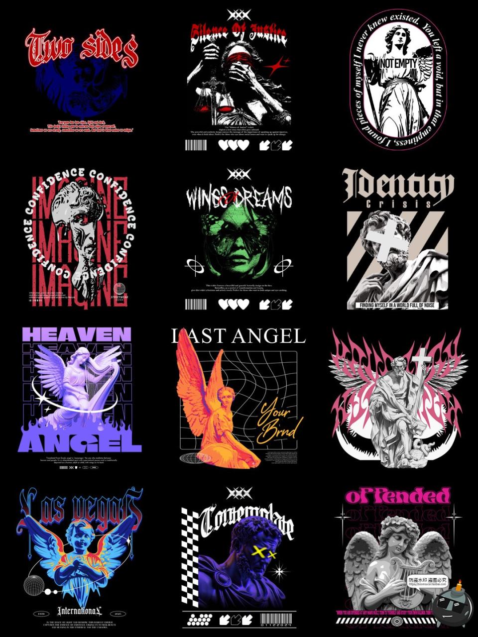 潮流暗黑哥特风抽象朋克金属摇滚T恤印花烫画图案AI矢量PNG素材图-设计猿