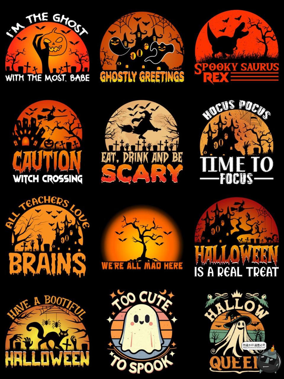 图片[3]-复古美式万圣节派对女巫南瓜幽灵鬼怪插画T恤印花AI矢量PNG素材-设计猿