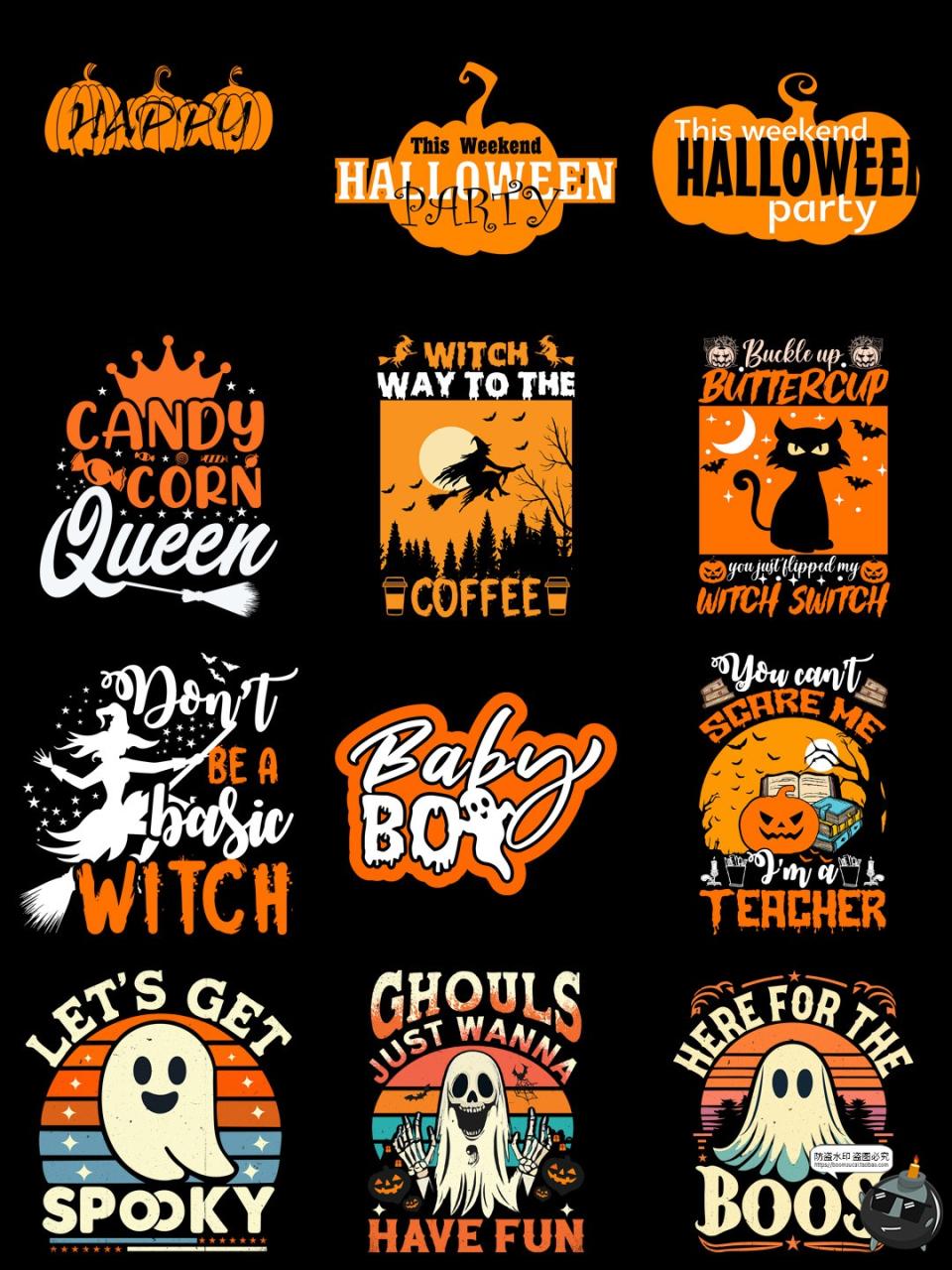 图片[7]-复古美式万圣节派对女巫南瓜幽灵鬼怪插画T恤印花AI矢量PNG素材-设计猿