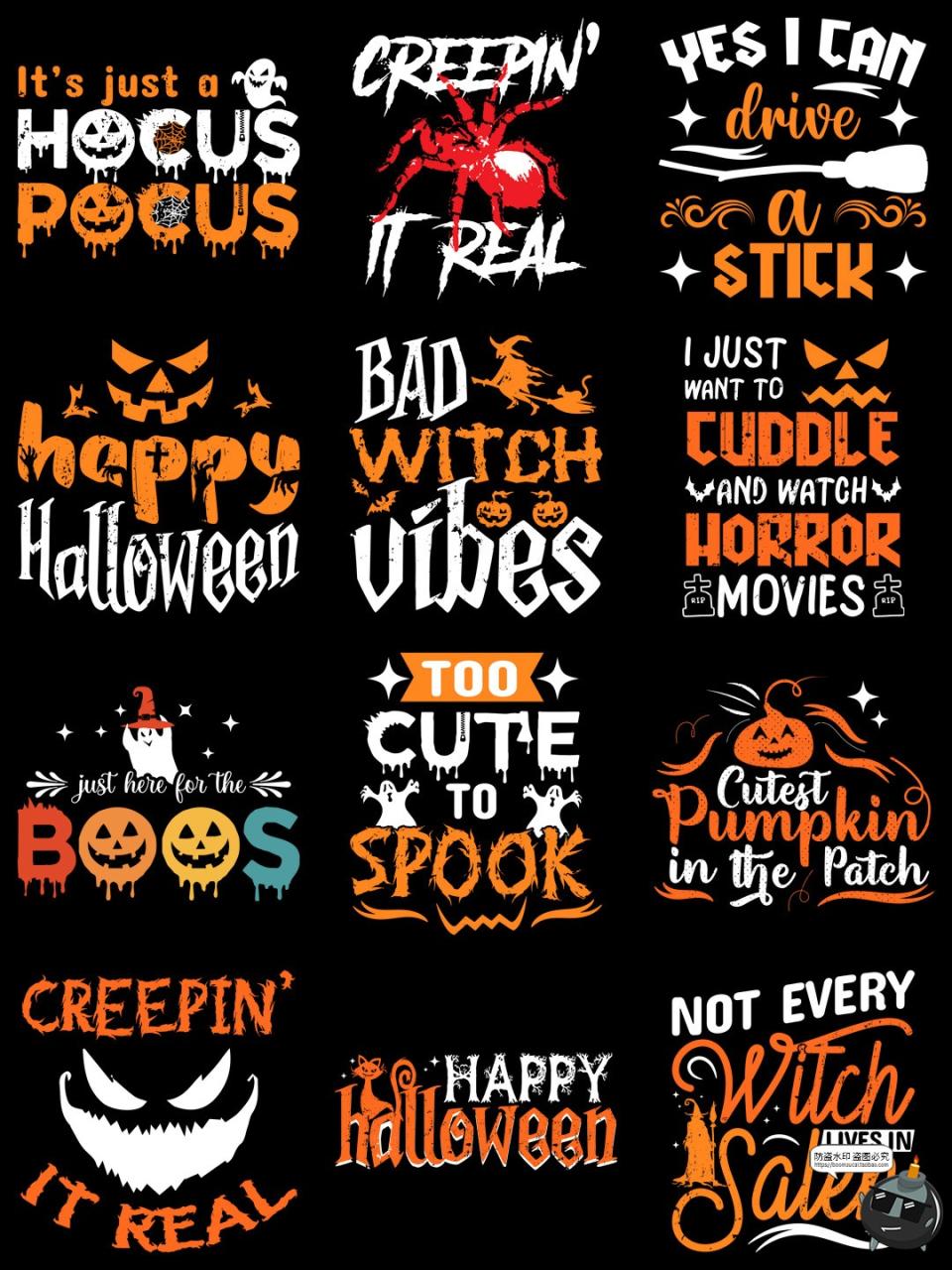 图片[9]-复古美式万圣节派对女巫南瓜幽灵鬼怪插画T恤印花AI矢量PNG素材-设计猿