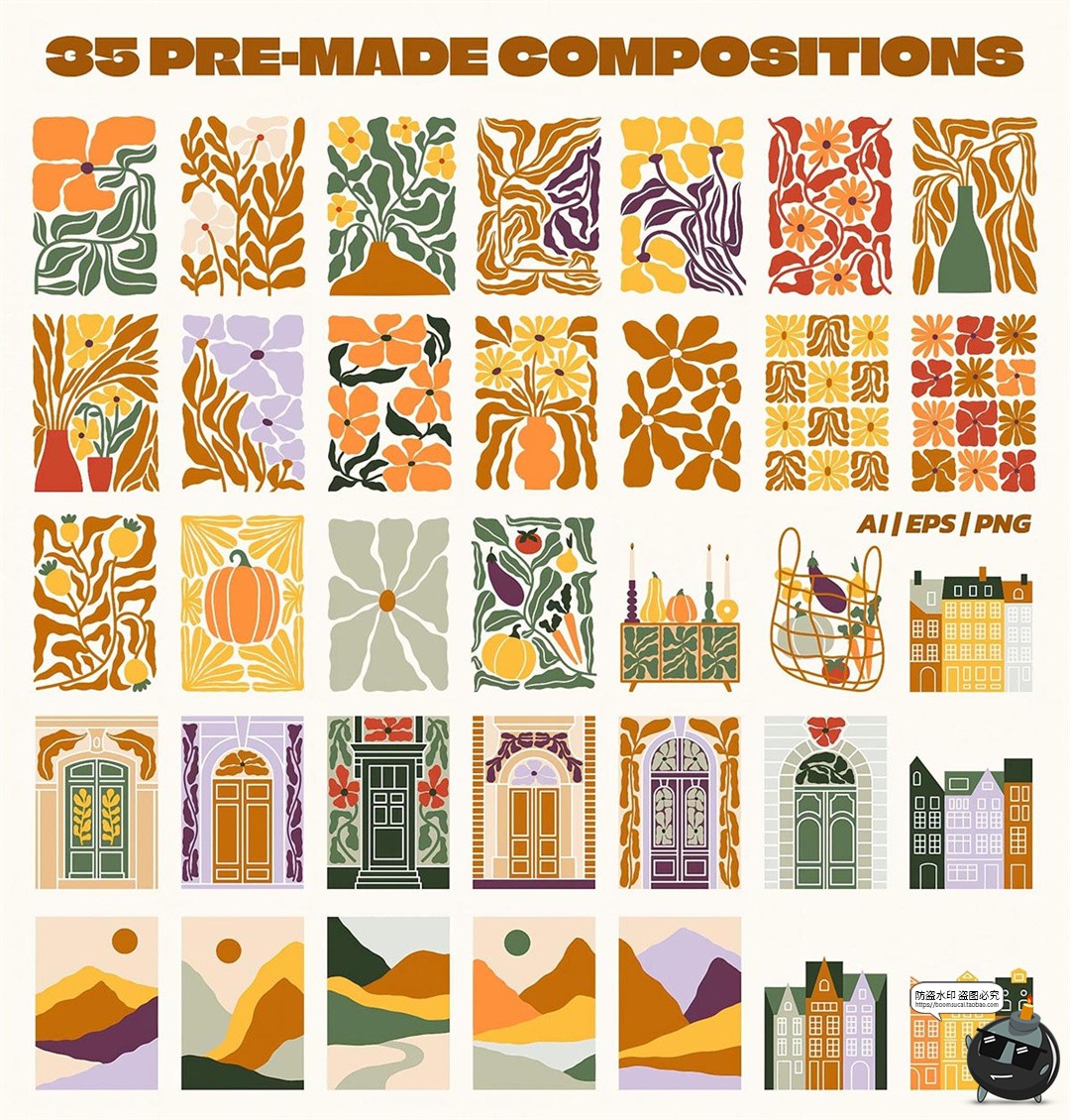 图片[2]-复古秋季花卉植物手绘装饰插图插画芯海报PNG拼贴手账AI矢量素材-设计猿