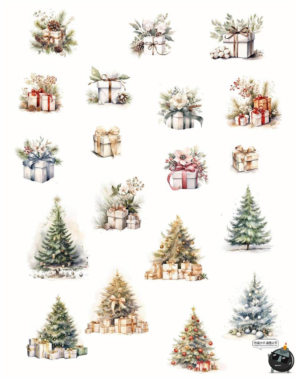 图片[3]-复古时尚圣诞节新年卡通水彩手绘装饰插图插画png免抠图片素材-设计猿