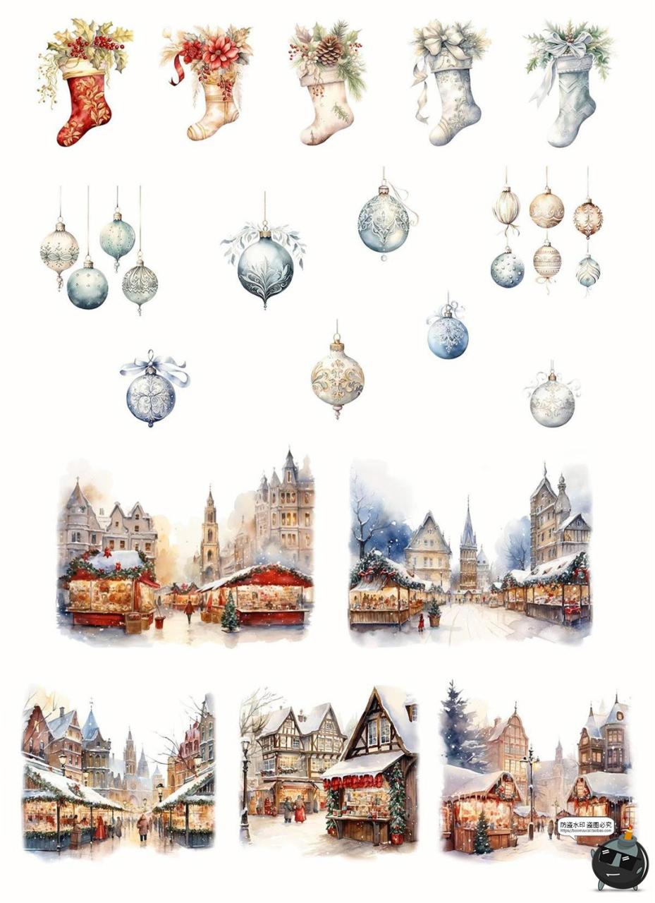 图片[8]-复古时尚圣诞节新年卡通水彩手绘装饰插图插画png免抠图片素材-设计猿