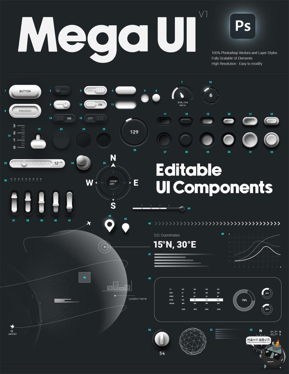 未来科技时尚音乐游戏拟物按钮控制器仪表盘UI界面PSD分层素材图-设计猿