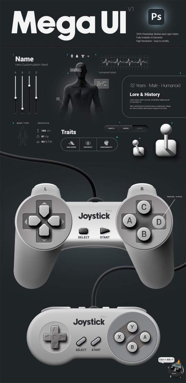 图片[5]-未来科技时尚音乐游戏拟物按钮控制器仪表盘UI界面PSD分层素材图-设计猿