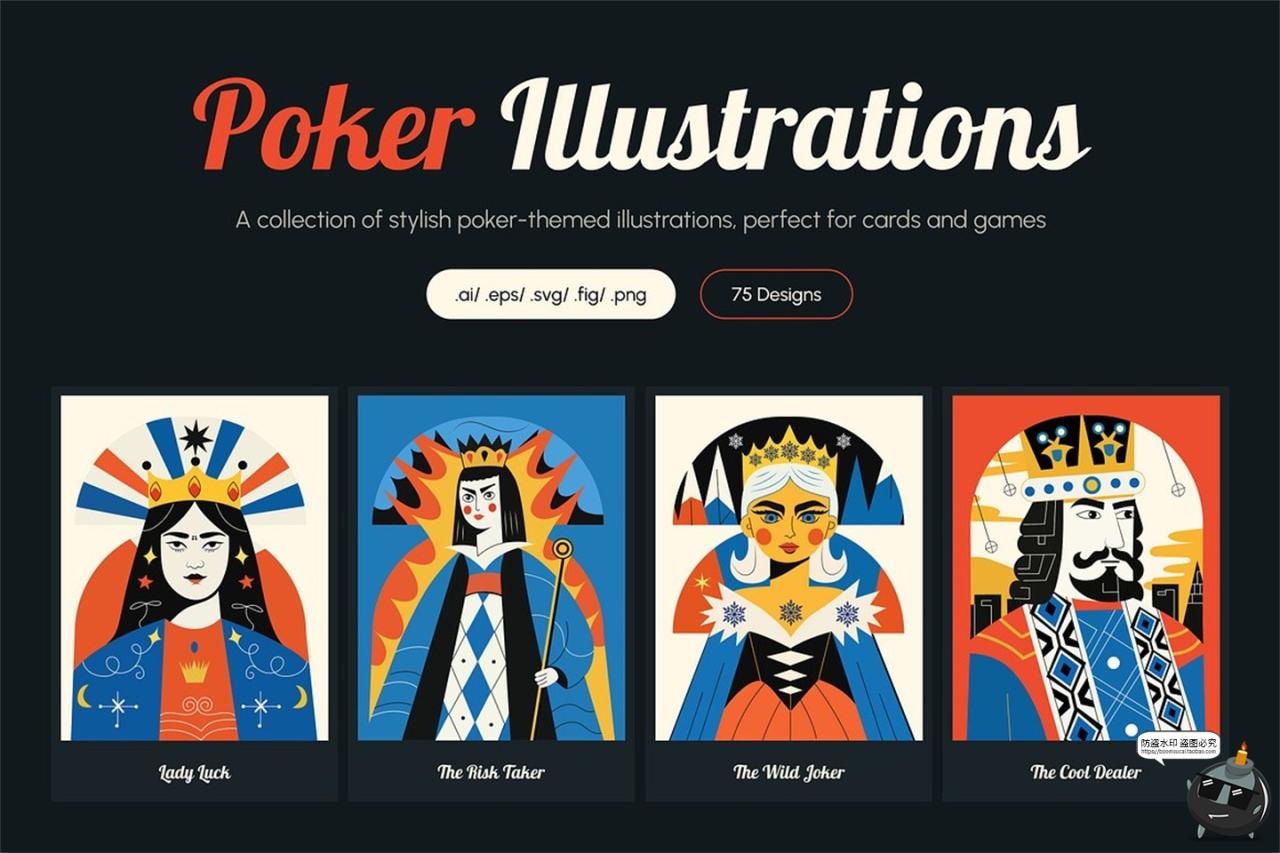 艺术扑克牌扁平化潮流桌游纸牌拟人创意插图插画AI矢量PNG素材图-设计猿