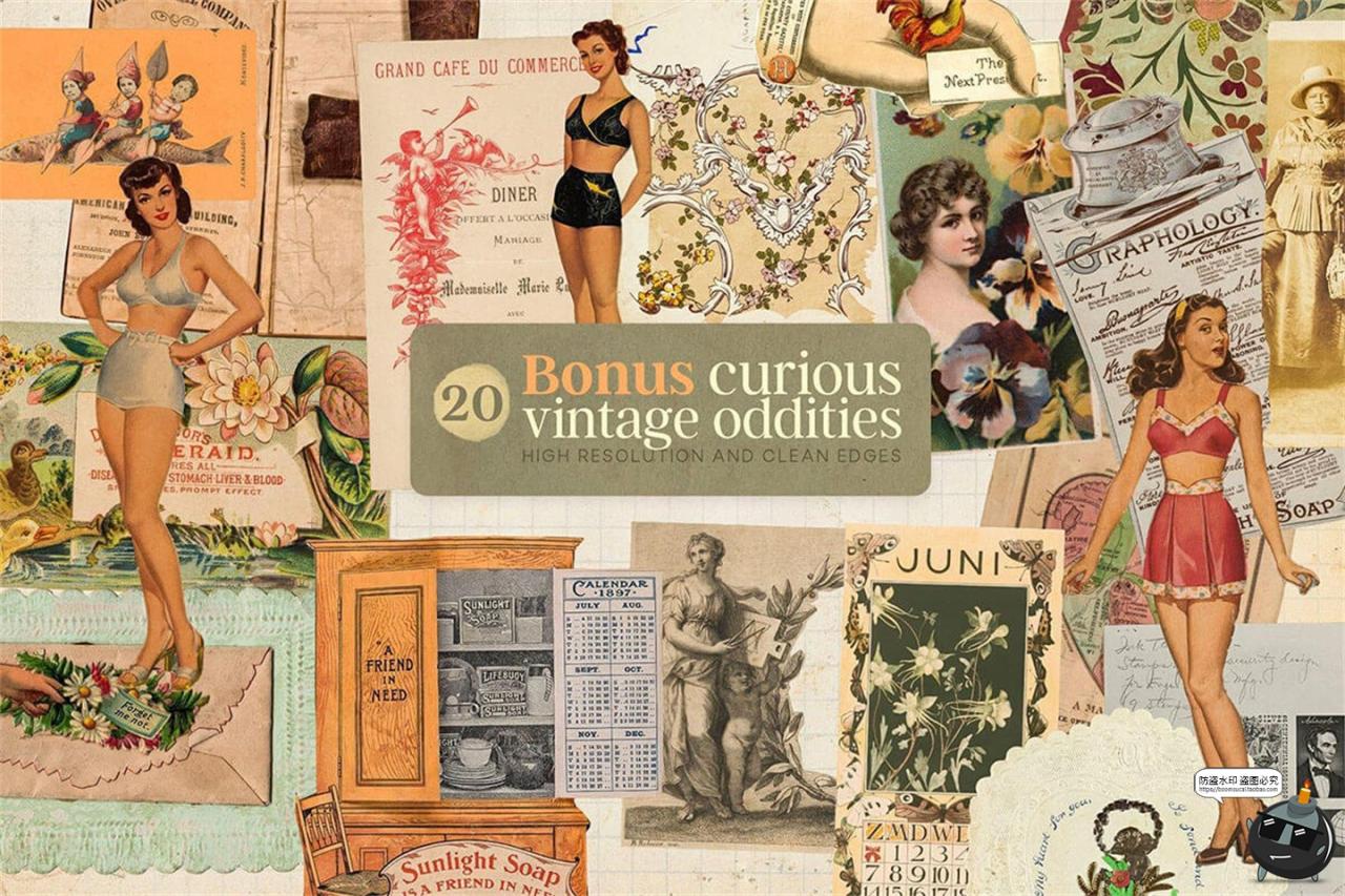 图片[6]-复古日记笔记本信封邮票门票收据人物剪贴拼贴元素PNG免抠图素材-设计猿