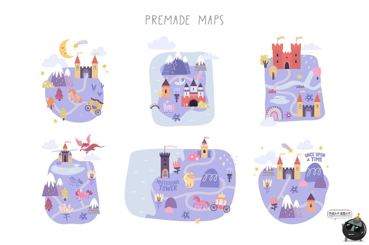 图片[2]-趣味卡通儿童童话魔法世界扁平化插图插画图案AI矢量PNG手账素材-设计猿
