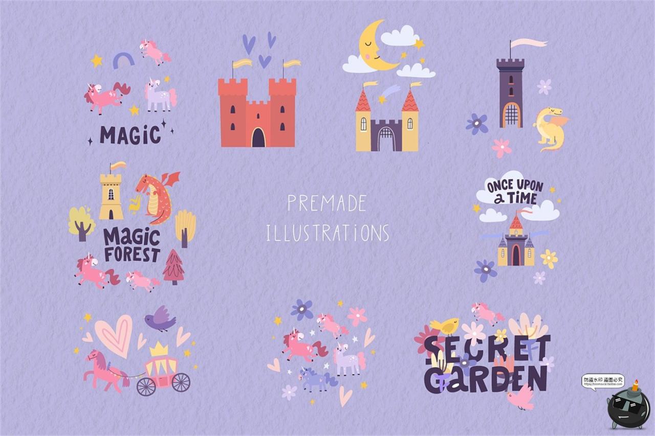 图片[5]-趣味卡通儿童童话魔法世界扁平化插图插画图案AI矢量PNG手账素材-设计猿