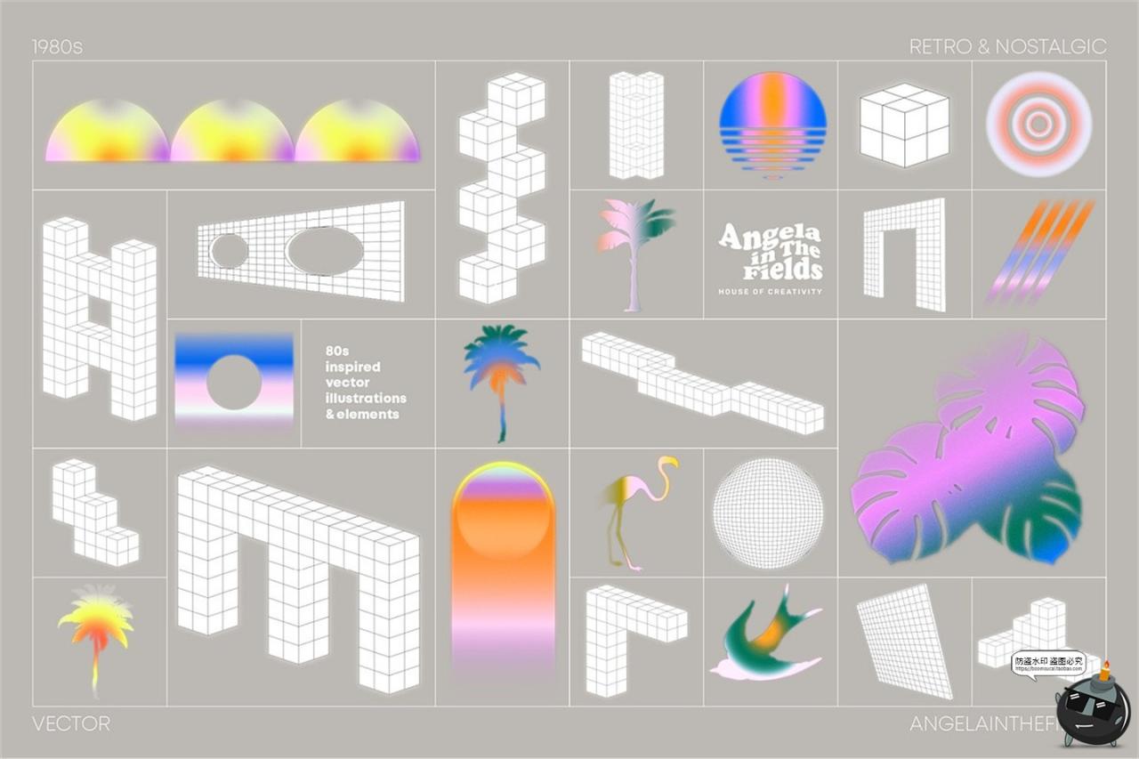 图片[3]-复古蒸汽波3D立体几何图形彩虹迷幻渐变背景AI矢量PNG免扣JPG素材-设计猿