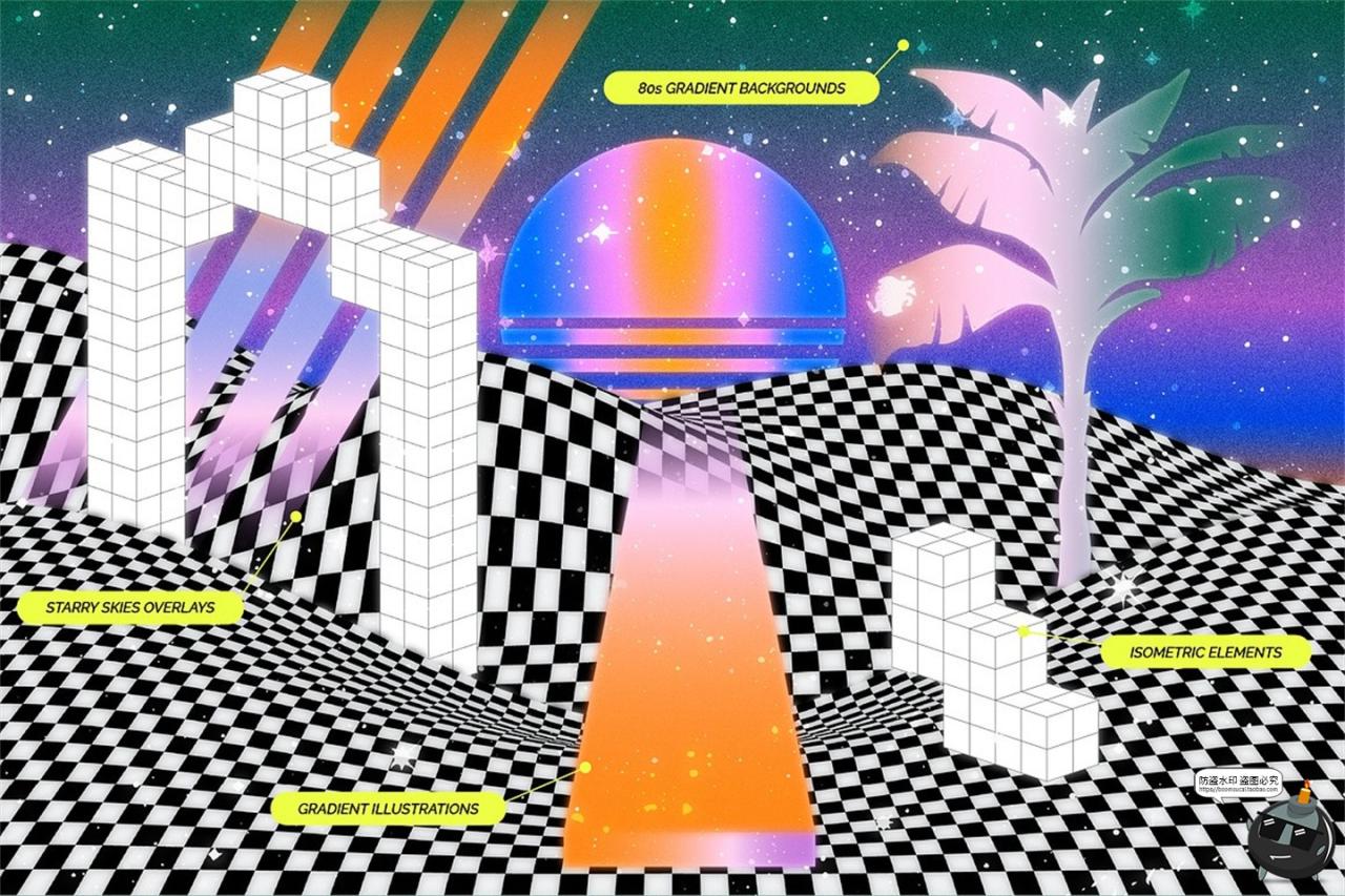 图片[7]-复古蒸汽波3D立体几何图形彩虹迷幻渐变背景AI矢量PNG免扣JPG素材-设计猿