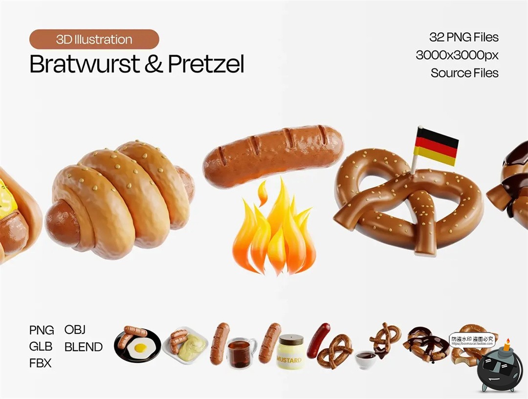 香肠椒盐卷饼肠仔快餐元素3D立体icon图标PNG免扣图片OBJ+FBX素材-设计猿