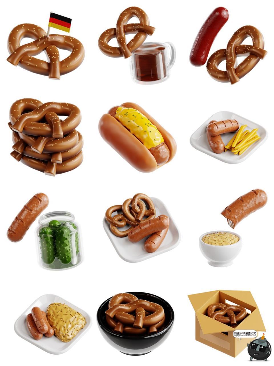 图片[3]-香肠椒盐卷饼肠仔快餐元素3D立体icon图标PNG免扣图片OBJ+FBX素材-设计猿