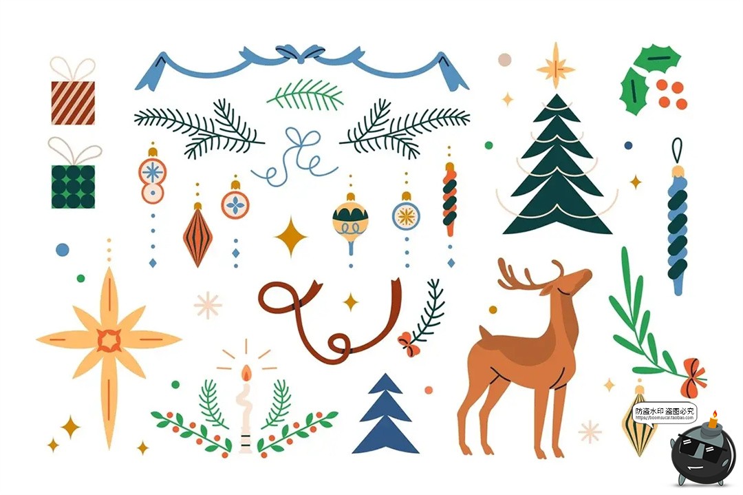 图片[2]-北欧扁平化圣诞节新年装饰复古手绘插图插画AI矢量PNG免抠素材图-设计猿