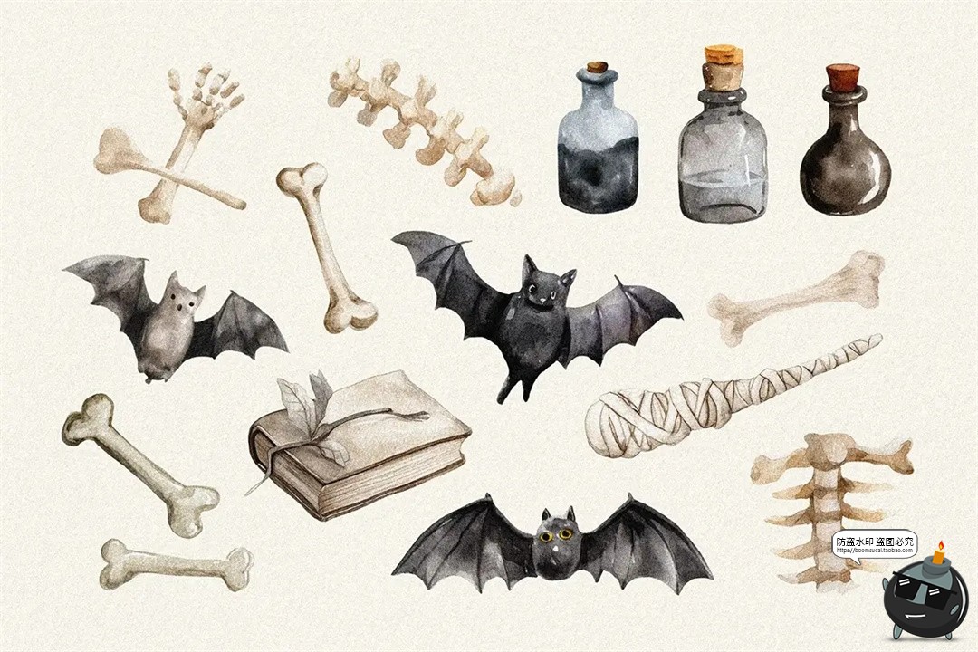 图片[2]-复古童话水彩手绘万圣节骷髅南瓜幽灵插画手账PNG免抠图片素材图-设计猿