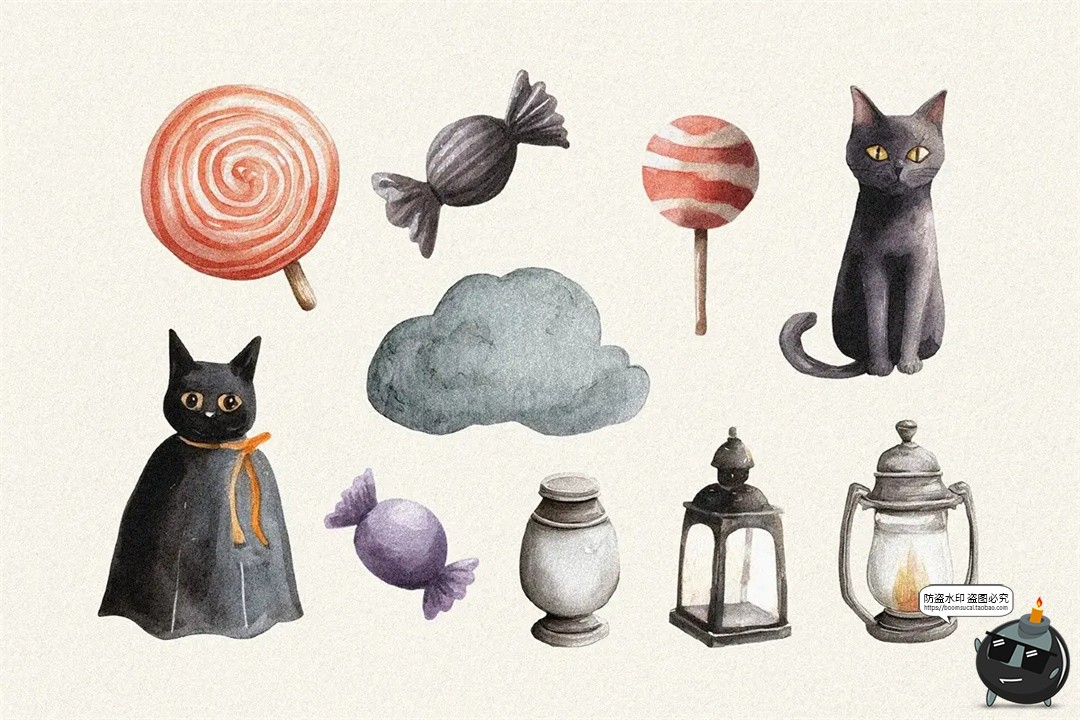 图片[3]-复古童话水彩手绘万圣节骷髅南瓜幽灵插画手账PNG免抠图片素材图-设计猿