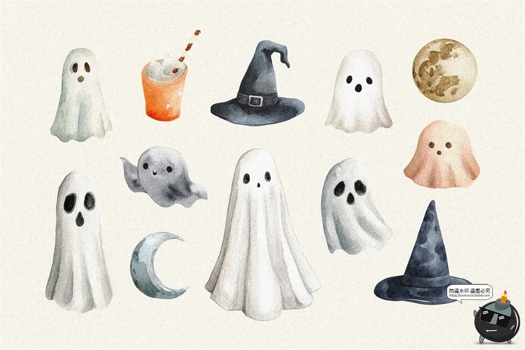 图片[4]-复古童话水彩手绘万圣节骷髅南瓜幽灵插画手账PNG免抠图片素材图-设计猿