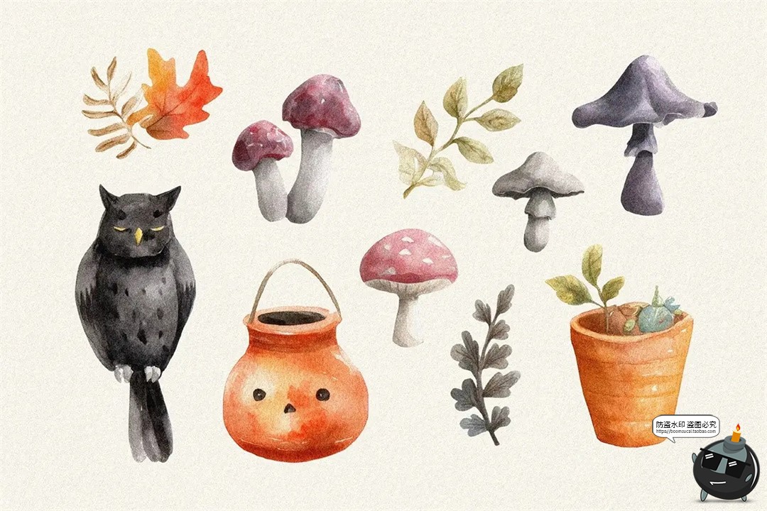 图片[5]-复古童话水彩手绘万圣节骷髅南瓜幽灵插画手账PNG免抠图片素材图-设计猿