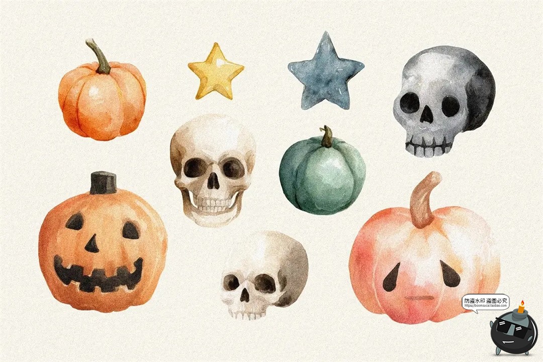 图片[6]-复古童话水彩手绘万圣节骷髅南瓜幽灵插画手账PNG免抠图片素材图-设计猿