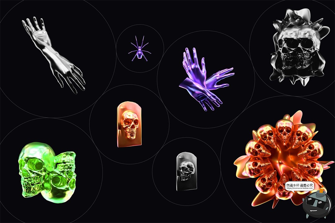 图片[3]-创意潮流酸性3D金属骷髅万圣节氛围海报封面装饰元素PNG免抠素材-设计猿