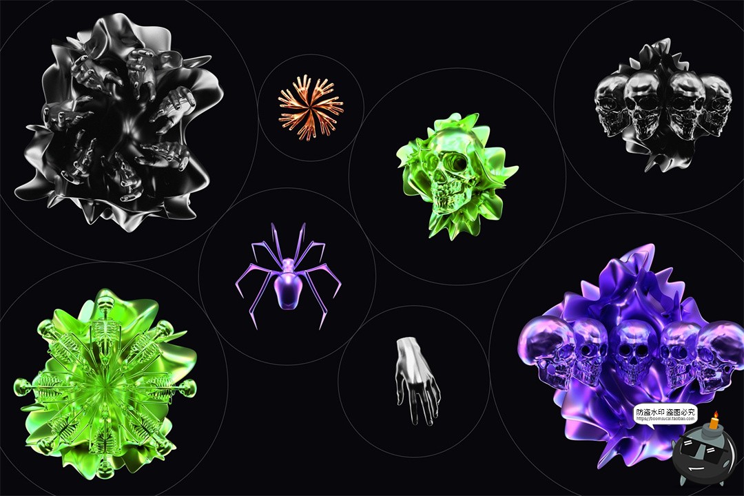 图片[5]-创意潮流酸性3D金属骷髅万圣节氛围海报封面装饰元素PNG免抠素材-设计猿