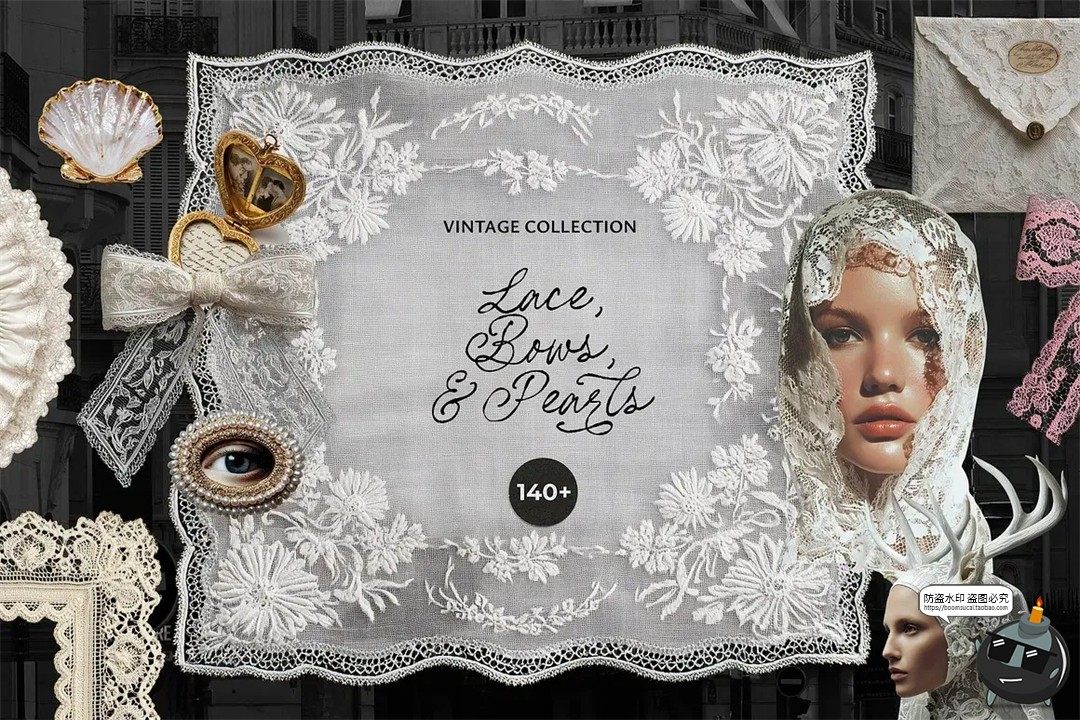 图片[1]-欧式复古宫廷婚礼蕾丝相框花边蝴蝶结拼贴插画PNG免抠图片素材-设计猿