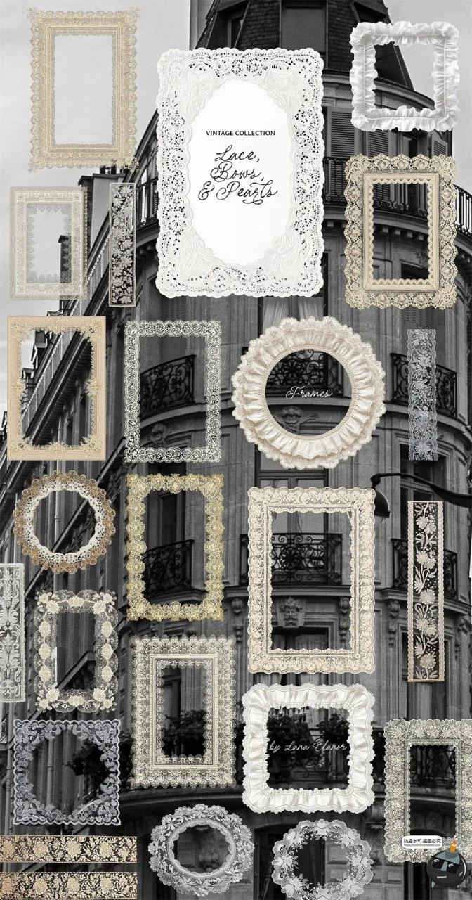 图片[5]-欧式复古宫廷婚礼蕾丝相框花边蝴蝶结拼贴插画PNG免抠图片素材-设计猿