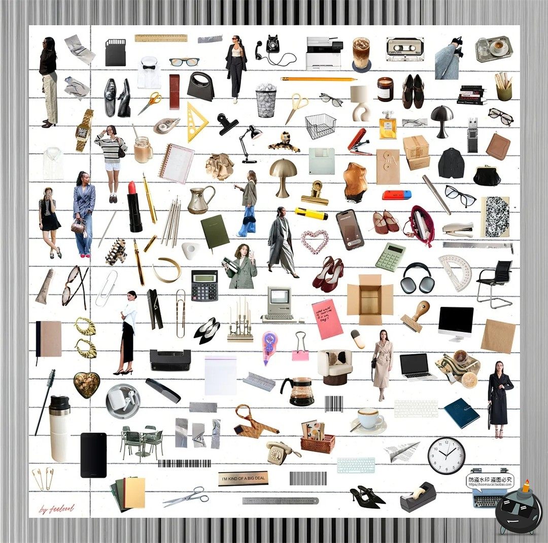 图片[2]-潮流复古职场办公室商务文具用品拼贴手账图插画PNG免抠图片素材-设计猿
