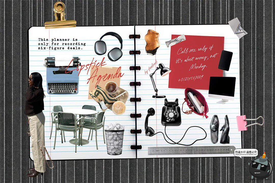 图片[6]-潮流复古职场办公室商务文具用品拼贴手账图插画PNG免抠图片素材-设计猿