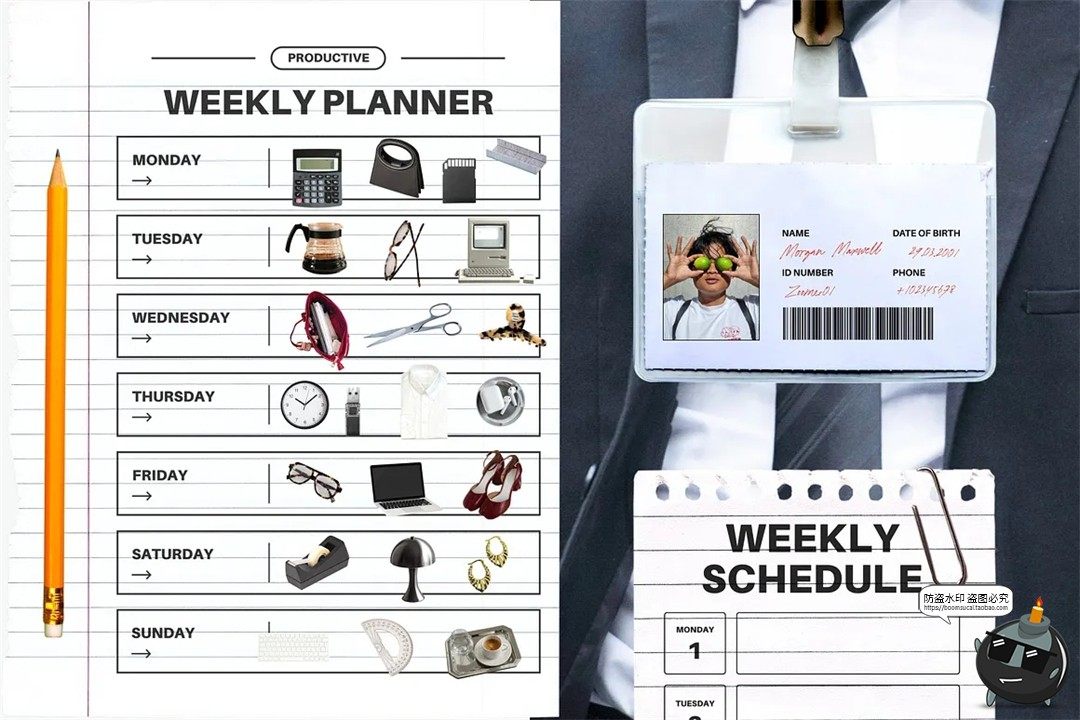 图片[7]-潮流复古职场办公室商务文具用品拼贴手账图插画PNG免抠图片素材-设计猿