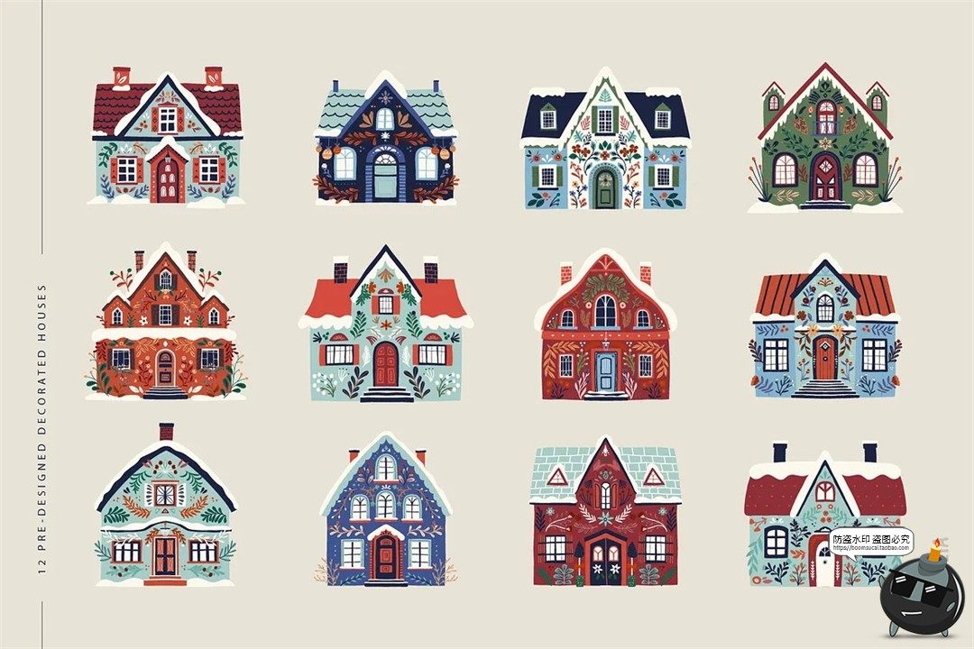 图片[2]-北欧冬季圣诞节新年房屋建筑花卉植物手绘插图插画AI矢量PNG素材-设计猿